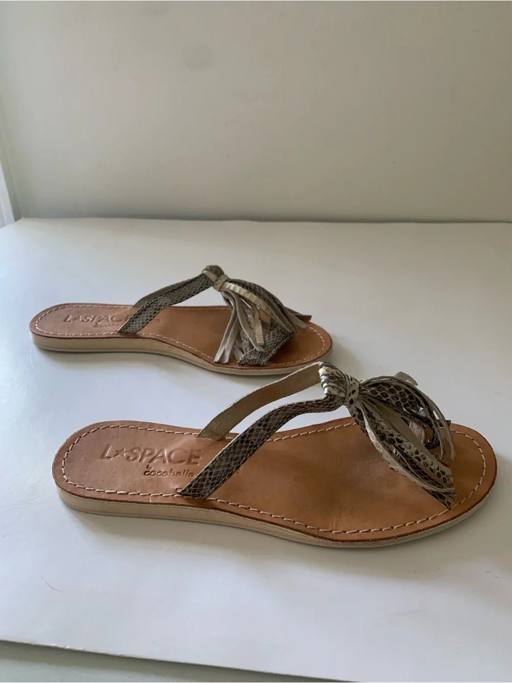 L*Space by Cocobelle Leather Fringe Sandal in Natural Animal Print, Snake, 6.5